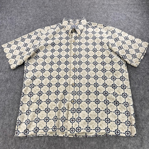 Reyn Spooner Shirt Mens Large Beige Navy Hawaiian Aloha Button Up Short Sleeve - Picture 1 of 9